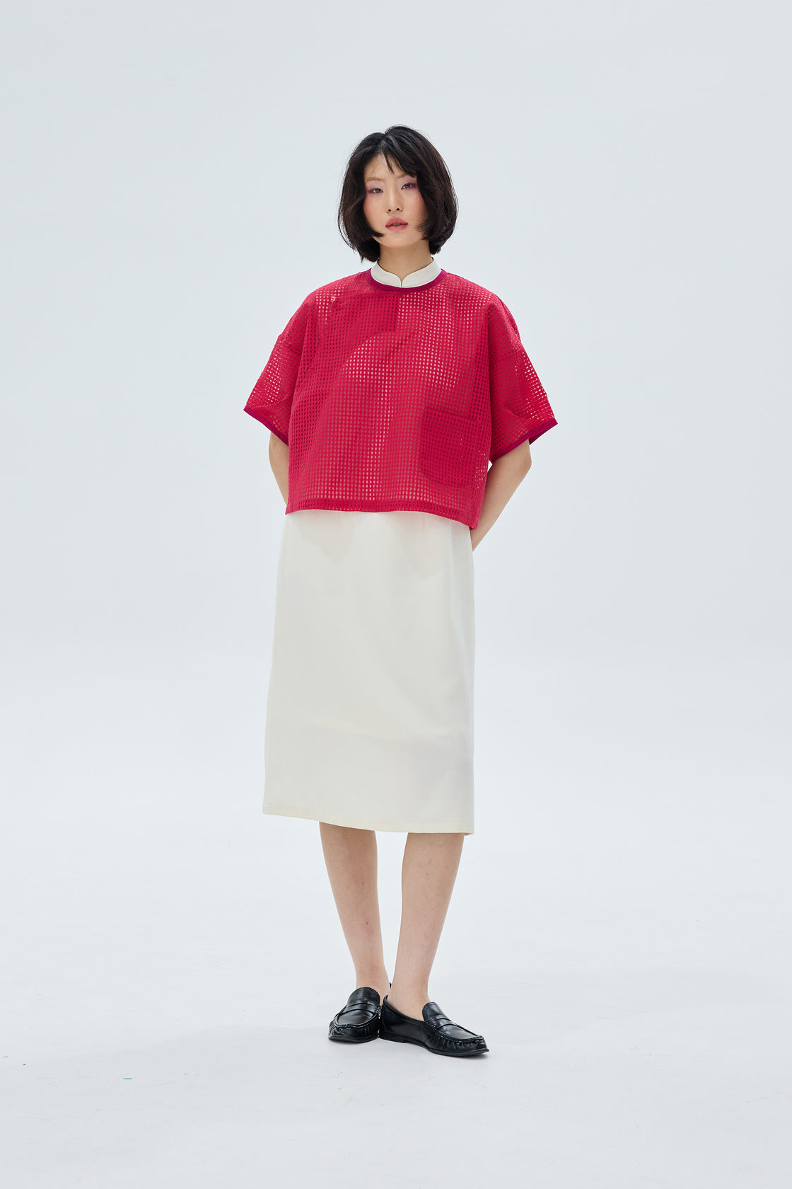 TP Baggy Pleated Slv Red Grid Organza [PRE-ORDER]